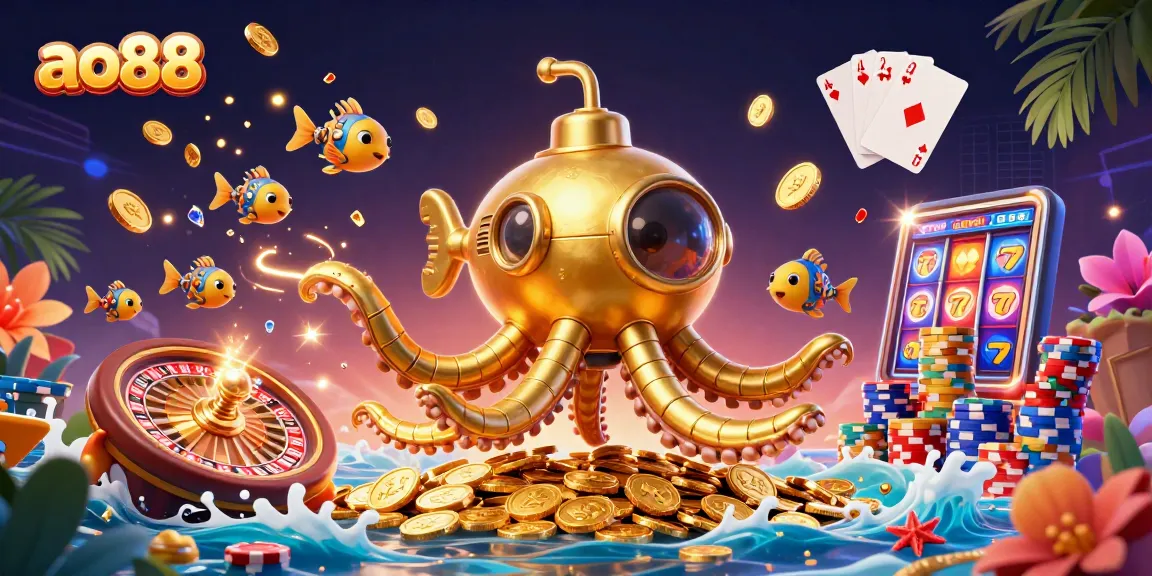 Play with ao88's immersive casino experience featuring a golden kraken and vibrant gaming elements.