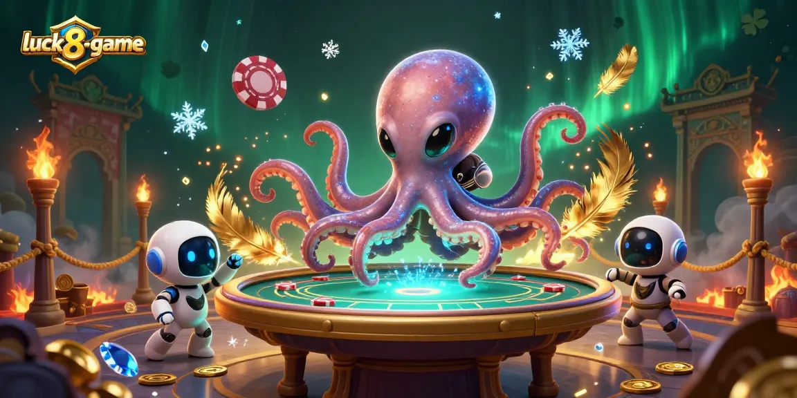 Join the luck8-game as the alien octopus spins the poker table amidst a cosmic casino.