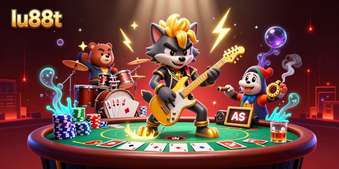 lu88t captures the excitement of a lively casino performance with cartoon rock star characters and poker action.