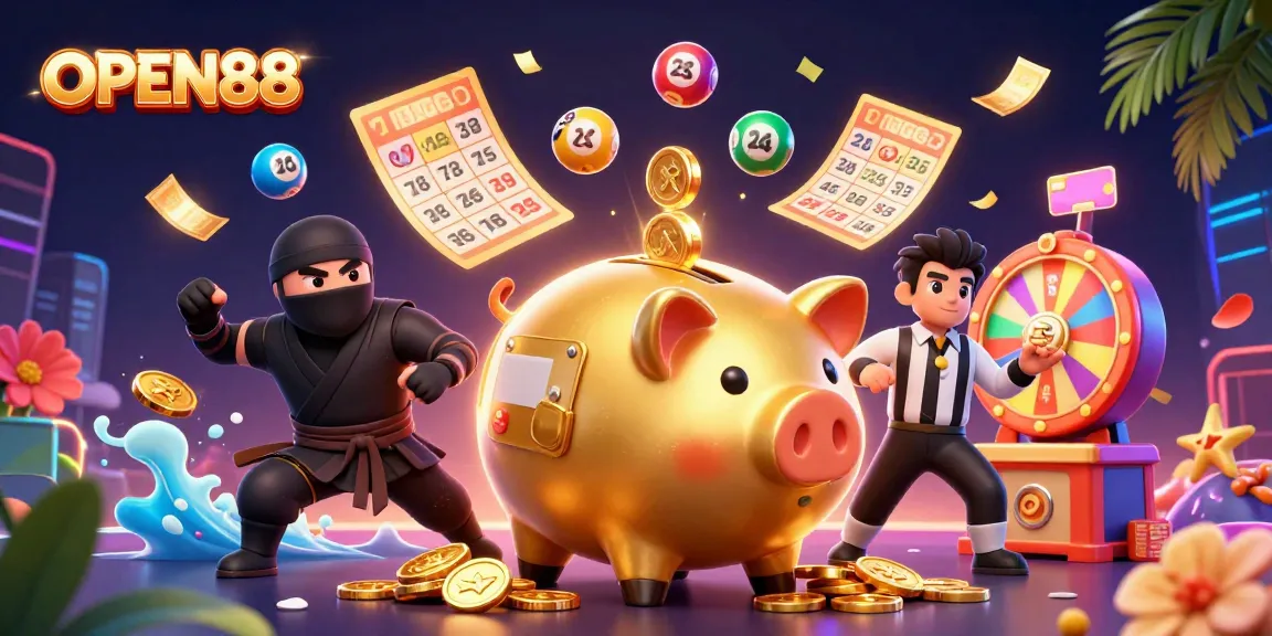 Experience the thrills of gaming at OPEN88 with a dynamic illustration of casino fun and excitement.