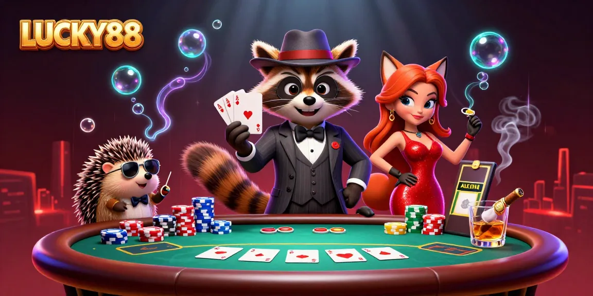 LUCKY88's 3D raccoon and friends enjoying poker with colorful chips, creating an exciting casino atmosphere.