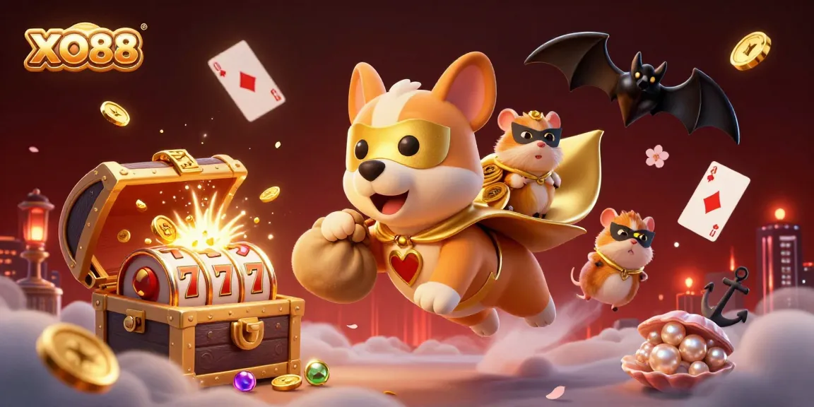 XO88 casino scene with a superhero dog and hamster amidst riches and vibrant game elements.
