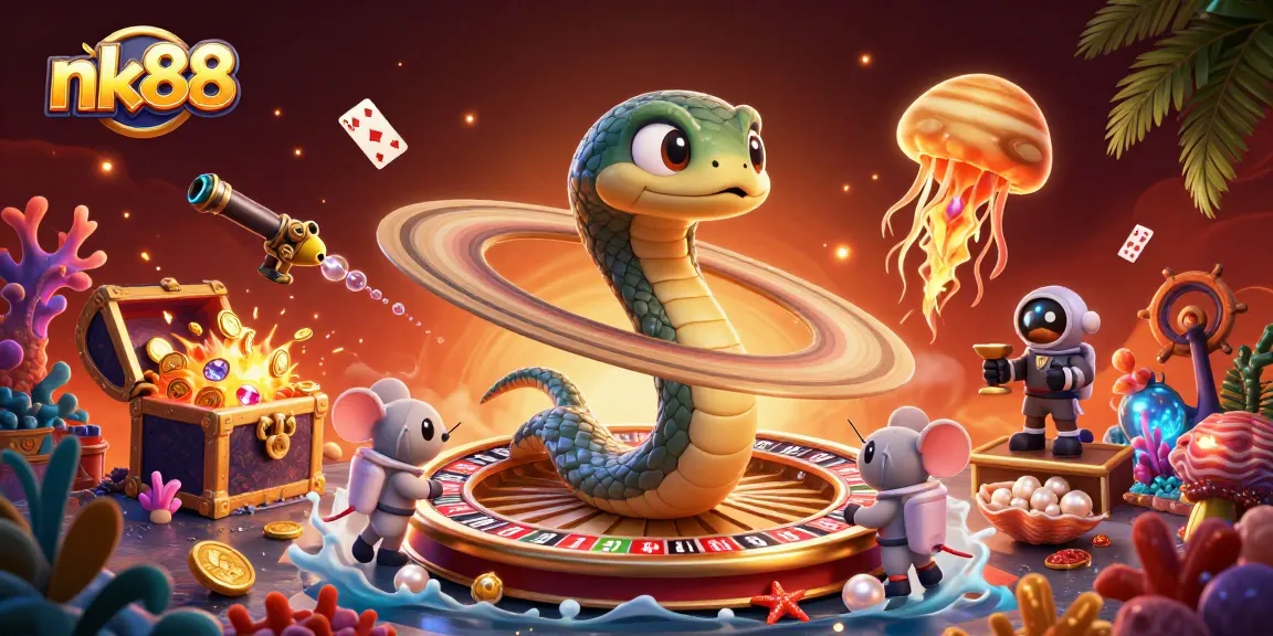 Experience cosmic betting at nk88 with astronaut mice wagering on a roulette wheel made of Saturn's rings.