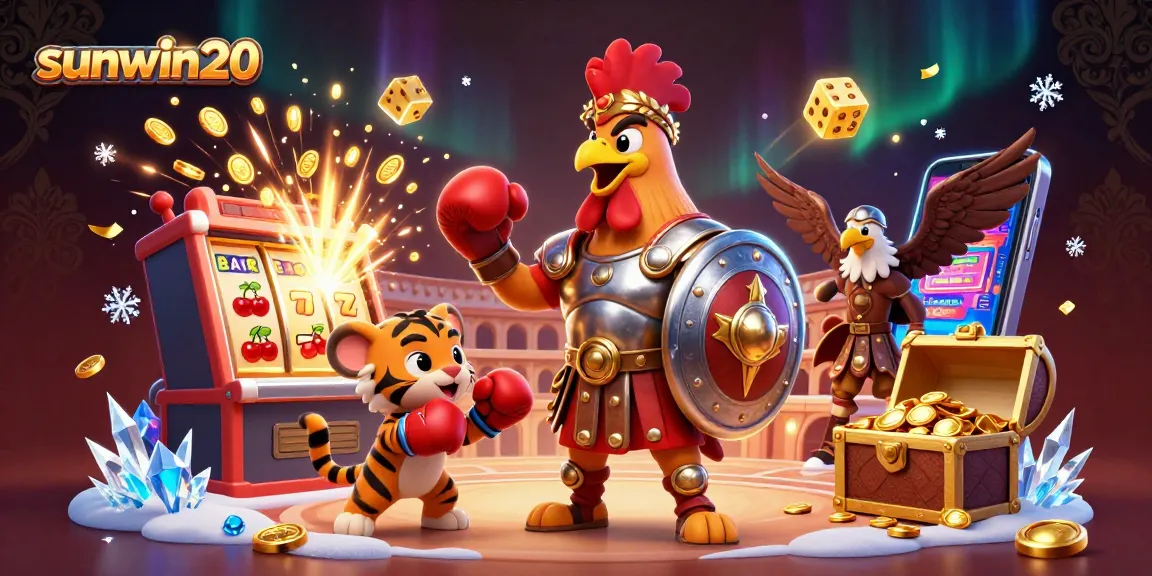 Experience thrilling gameplay at sunwin20 with a dynamic casino scene featuring a gladiator rooster and vibrant slot machines.