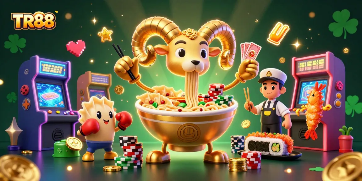 Spin and win with TR88 in a vibrant 3D casino illustration featuring playful food characters.