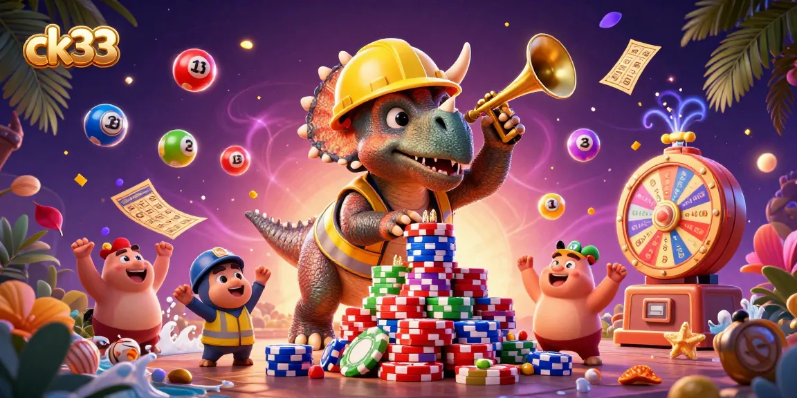 ck33 engages players with a vibrant scene of a triceratops building a poker chip pyramid