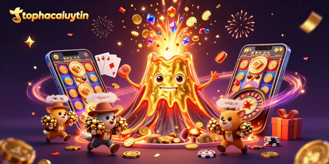 Engage with topnhacaiuytin showcasing a vibrant gold volcano erupting coins and treasures amidst a thrilling casino scene.