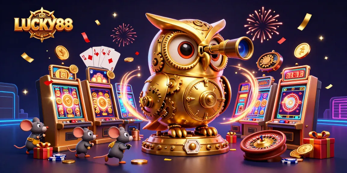 Win big with LUCKY88 at our online casino featuring a lively 3D illustration of gaming excitement.