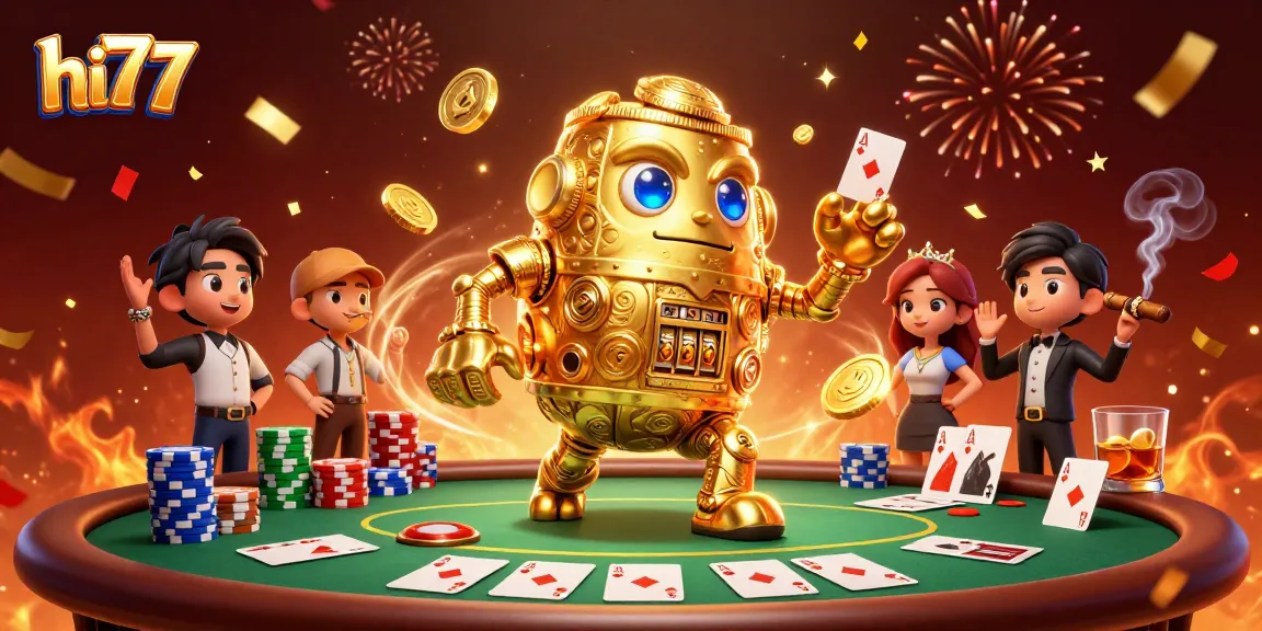 Spin and win at hi77 with the golden golem and vibrant poker scene!