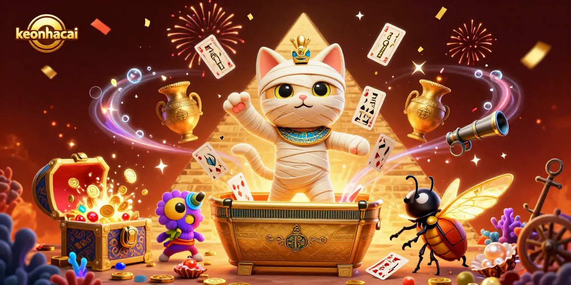 Experience thrilling gameplay at keonhacai, where a cartoon mummy cat and floating cards create an exciting casino scene.