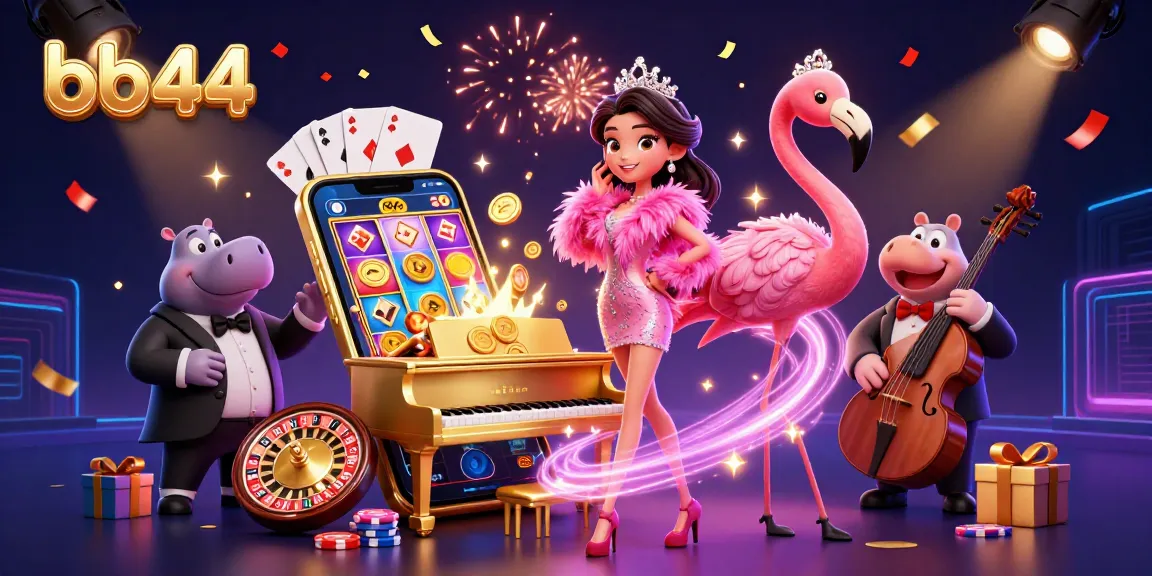 Engage with bb44's vibrant scene featuring casino characters, gaming elements, and dynamic action in an energetic atmosphere.
