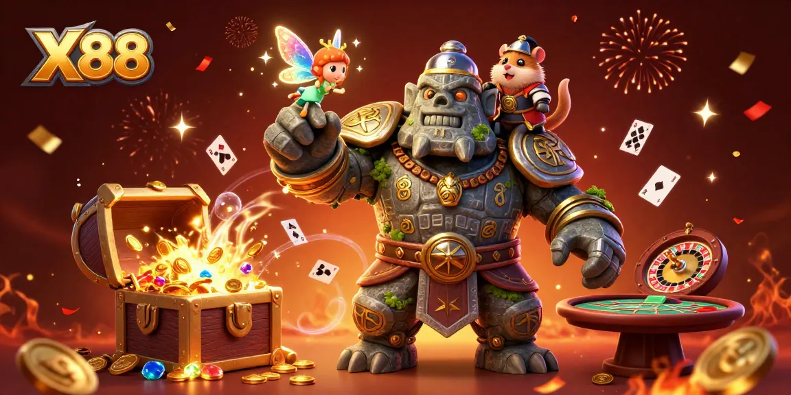 Experience thrilling adventures at X88 with a magical illustration featuring a golem guardian and casino games.