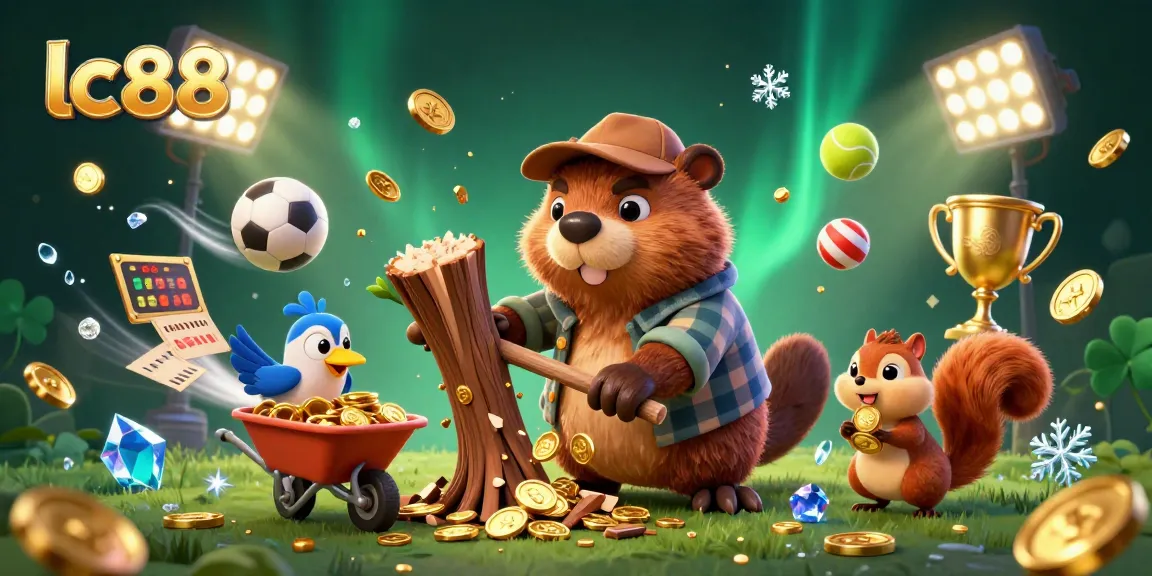 Engage in winning strategies at lc88 as a beaver character stacks coins and sports elements in this vibrant casino scene.