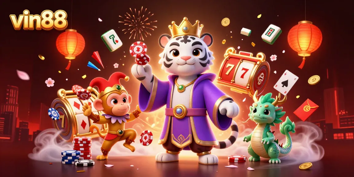 Win big with vin88 in a vibrant casino scene featuring a royal white tiger, jester monkey, and dragon statue.