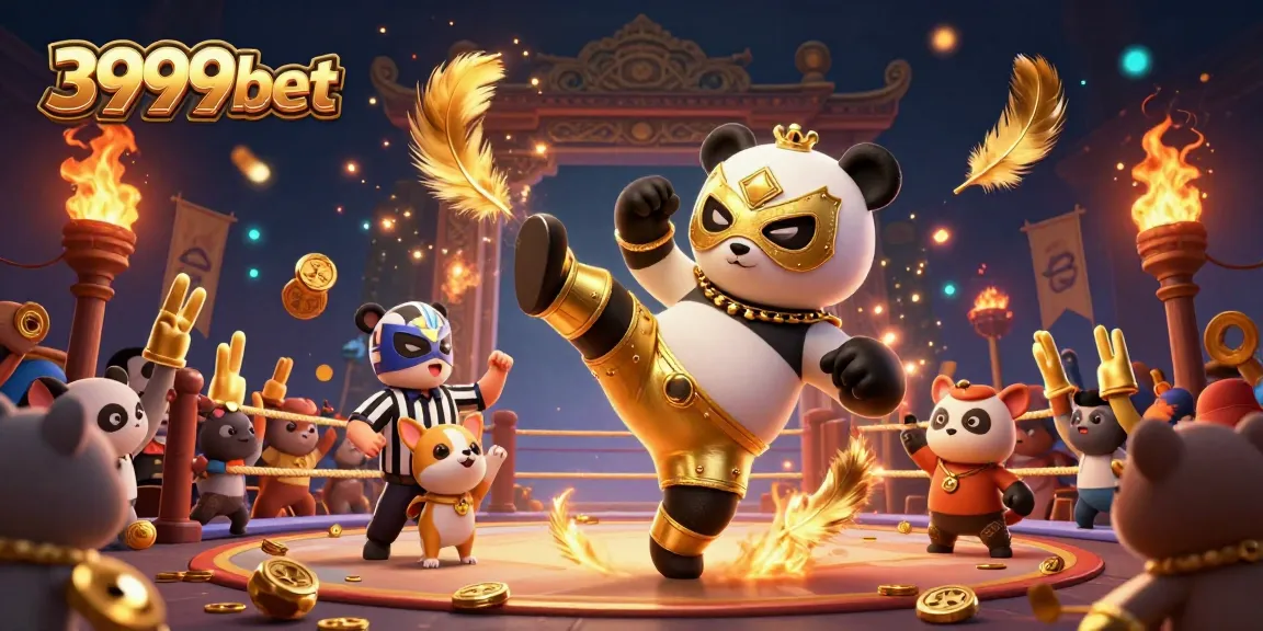 A 3999bet scene with a panda wrestler and chihuahua referee in an exciting casino setting with golden elements.