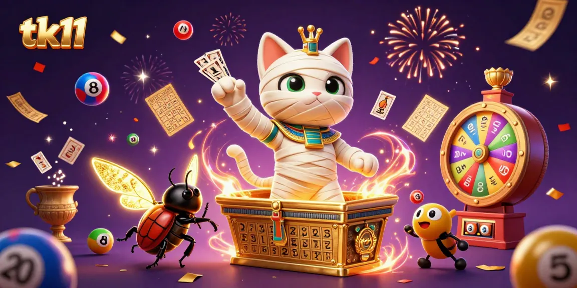 Engage in exciting gaming with tk11, featuring an Egyptian mummy cat and vibrant lottery elements.