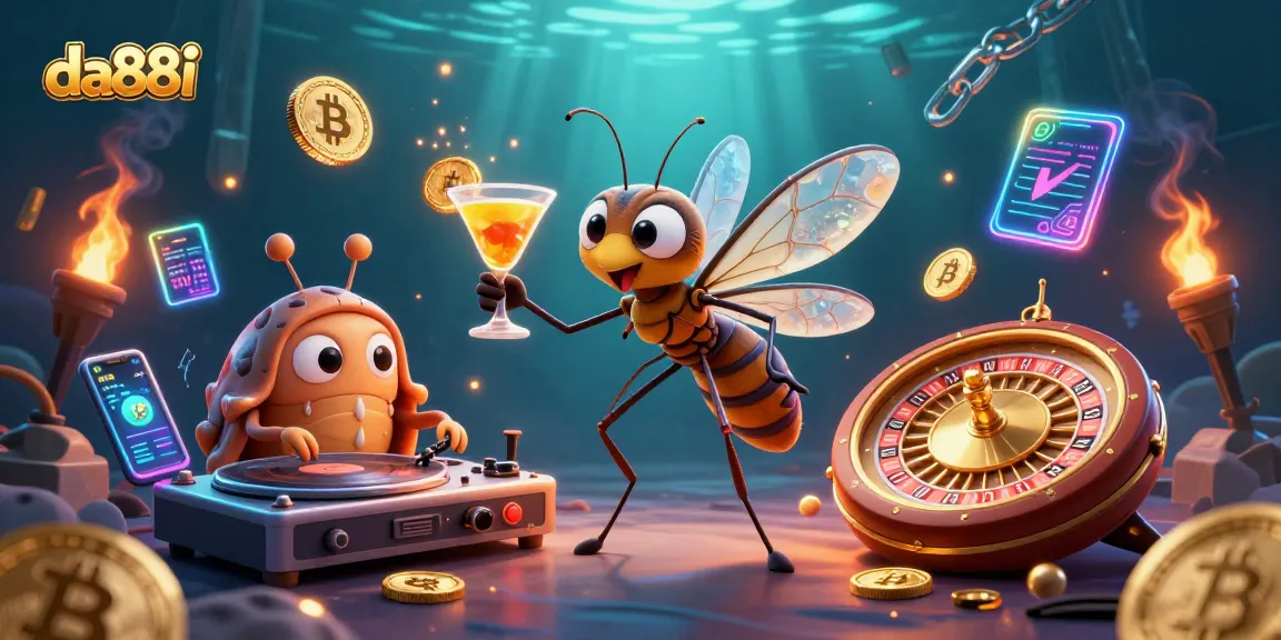 Experience the excitement of da88i with vibrant casino mascots, showcasing golden roulette and crypto elements.