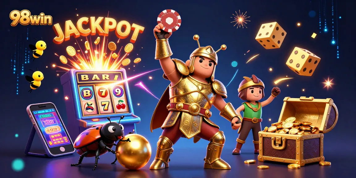 98win casino adventure featuring a hercules beetle in armor lifting a poker chip amidst jackpots and games.