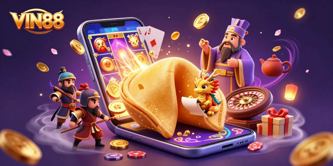 Play thrilling games like VIN88, featuring a golden fortune cookie and action-packed casino elements.