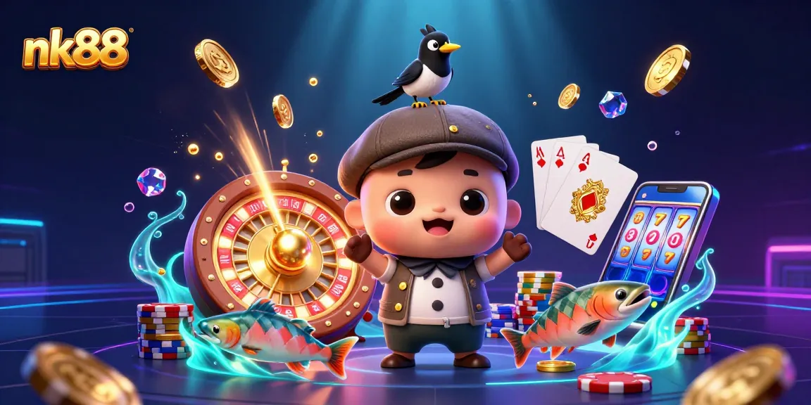 Experience thrilling wins with nk88 in a vibrant 3D illustration of casino excitement featuring Nessie and friends.