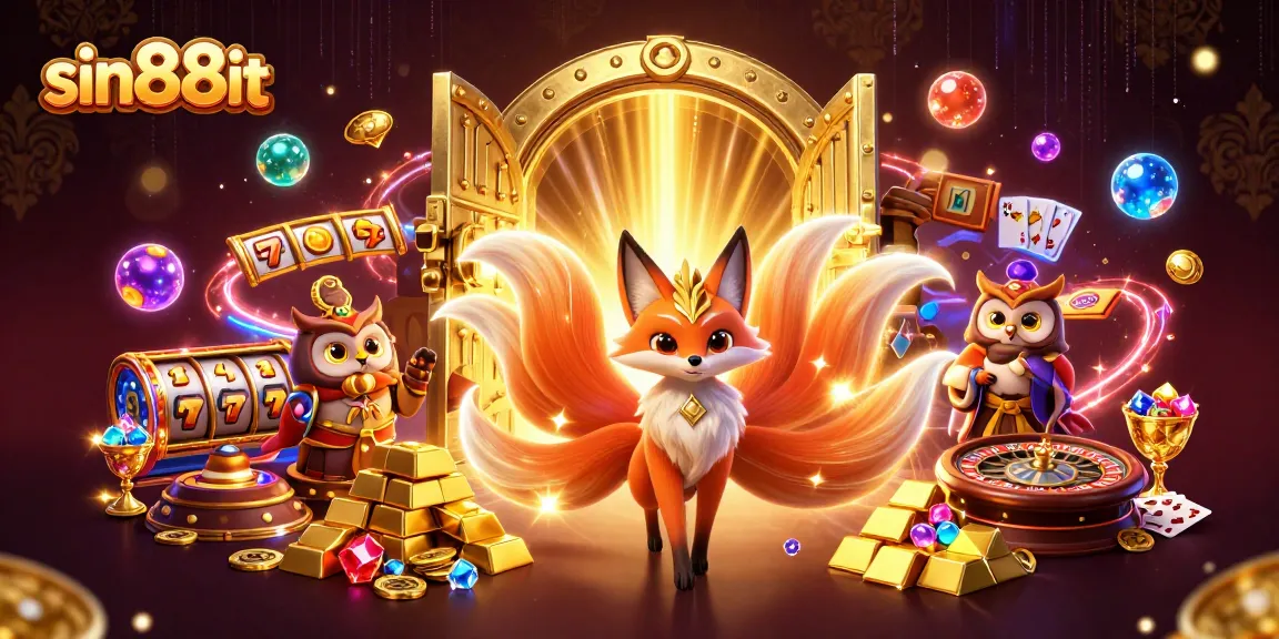 Experience the thrill of sin88it with a magical fox spirit and treasures in a dazzling casino setting.