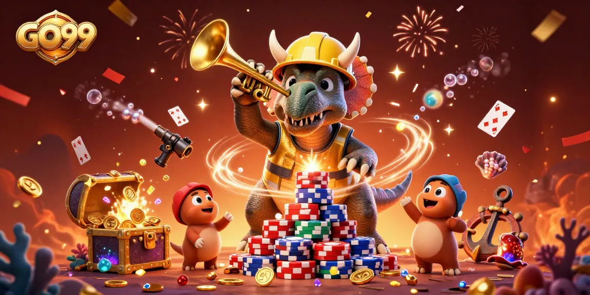 GO99 offers an exciting illustration of game elements in a vibrant casino scene, showcasing engaging activities.