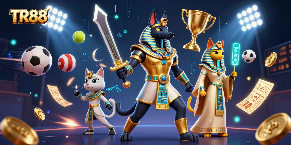 Win big with TR88 in this vibrant 3D scene showcasing an Egyptian warrior, sports elements, and dynamic gaming for gamblers.